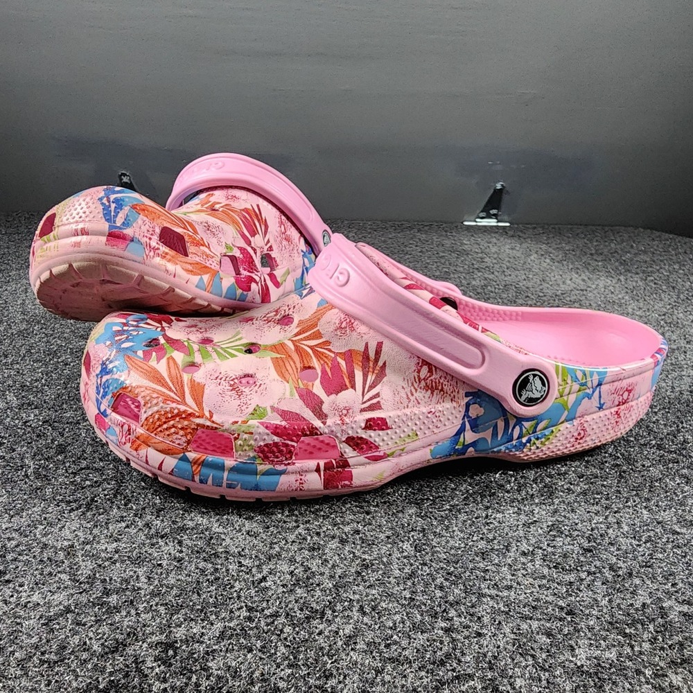 Crocs Classic Clog Pink Floral Tropical Print Slip On Shoes Women 11
